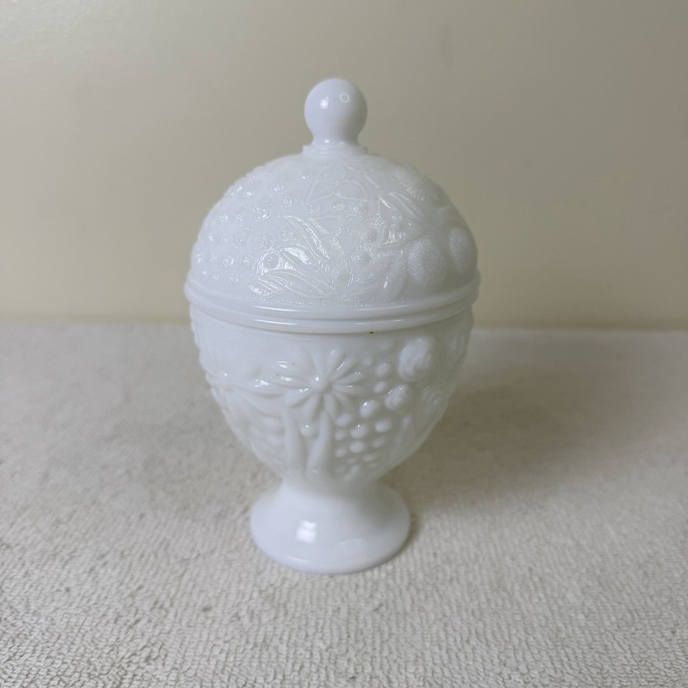 Vintage White Milk Glass Covered Candy Dish Jar Apothecary Flowers Avon